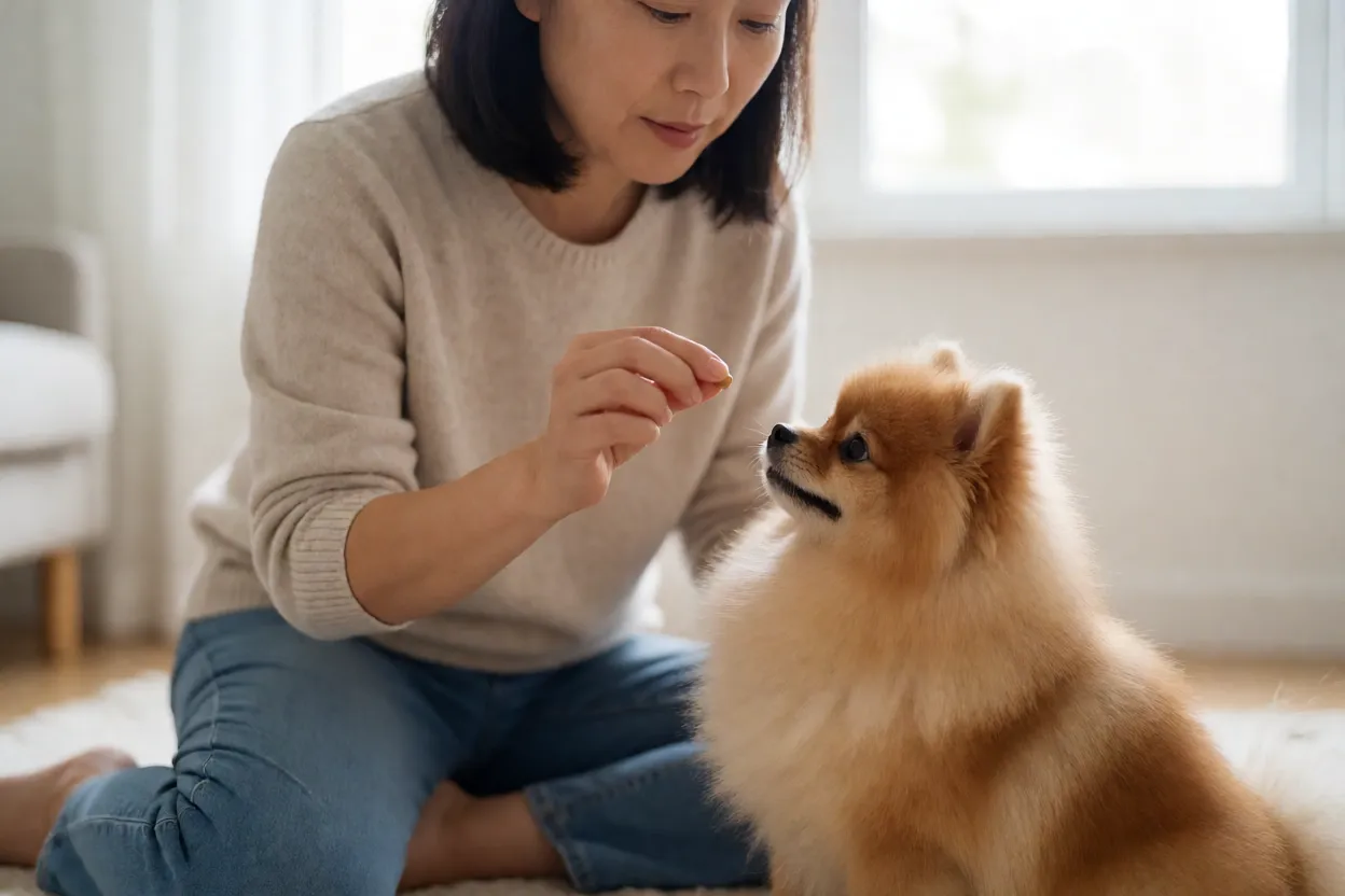 Tutor treinando um Lulu da Pomer&acirc;nia com petisco em sess&atilde;o curta