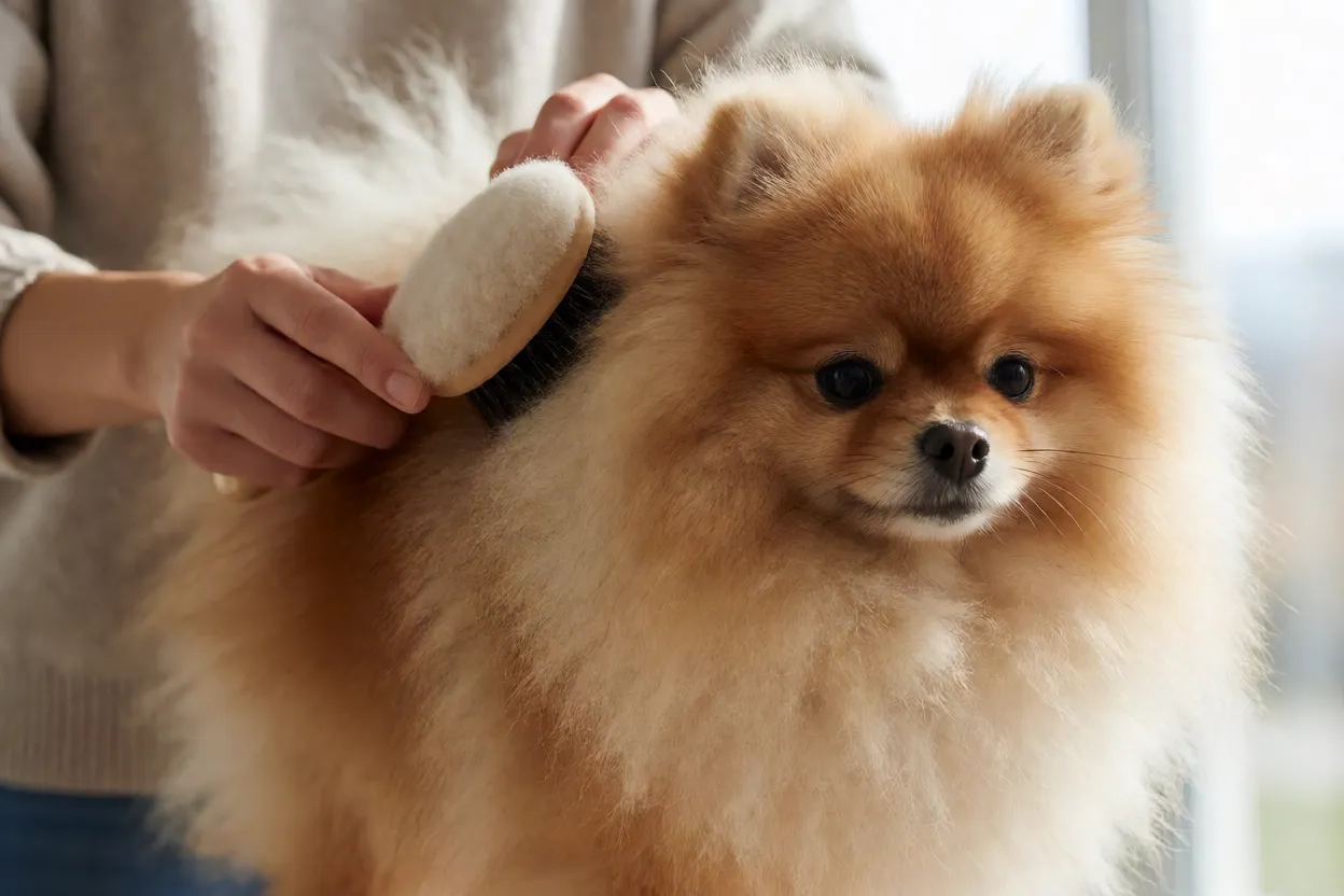 Tutor escovando o pelo de um Lulu da Pomer&acirc;nia em camadas