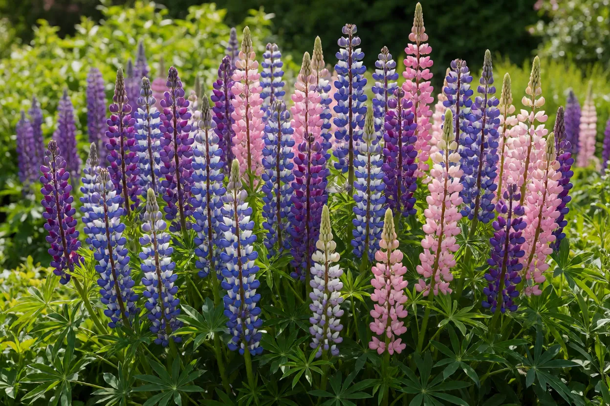 Lupino adulto florido com espigas altas e coloridas no jardim