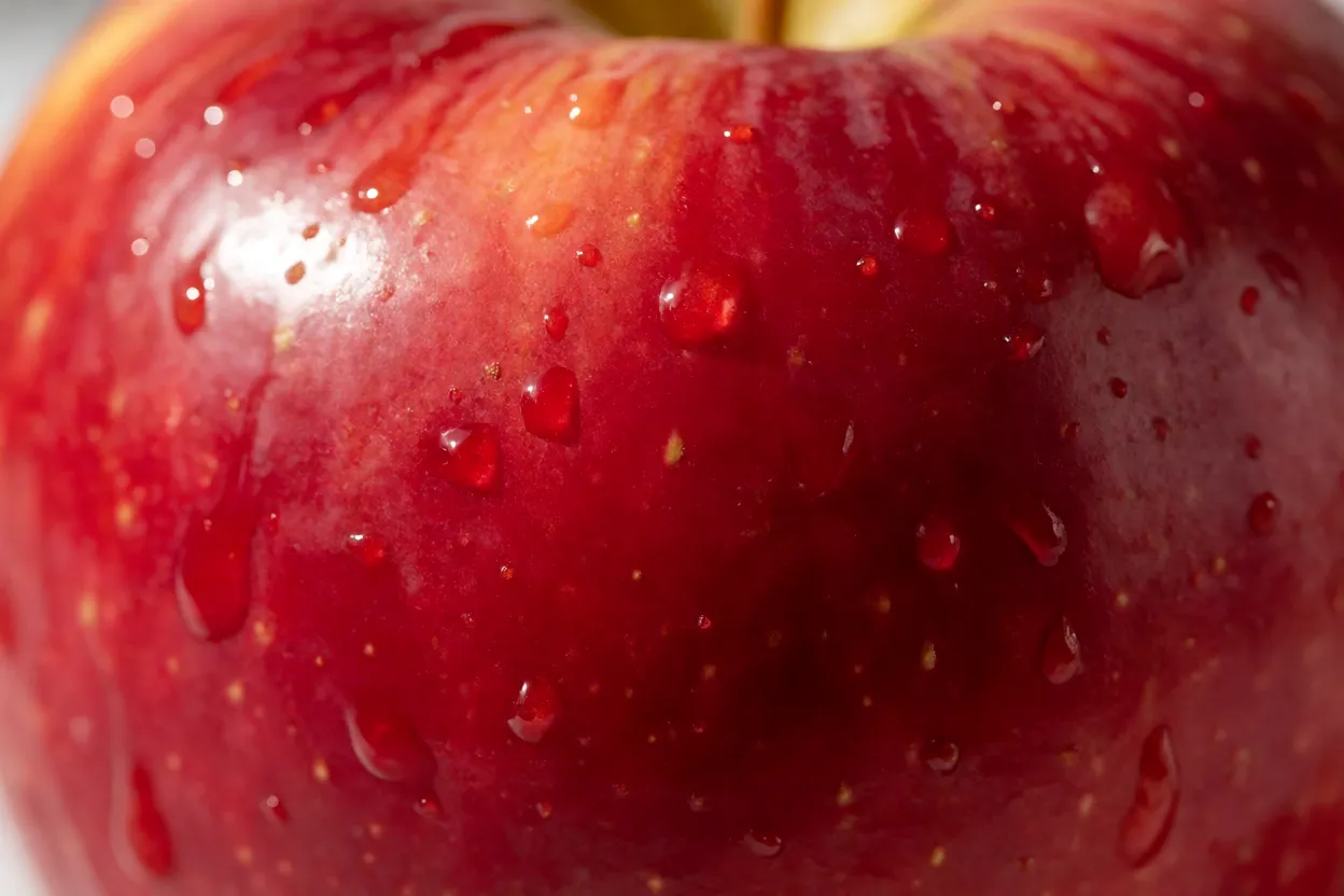 Close-up da casca brilhante de maçã vermelha com gotas de água