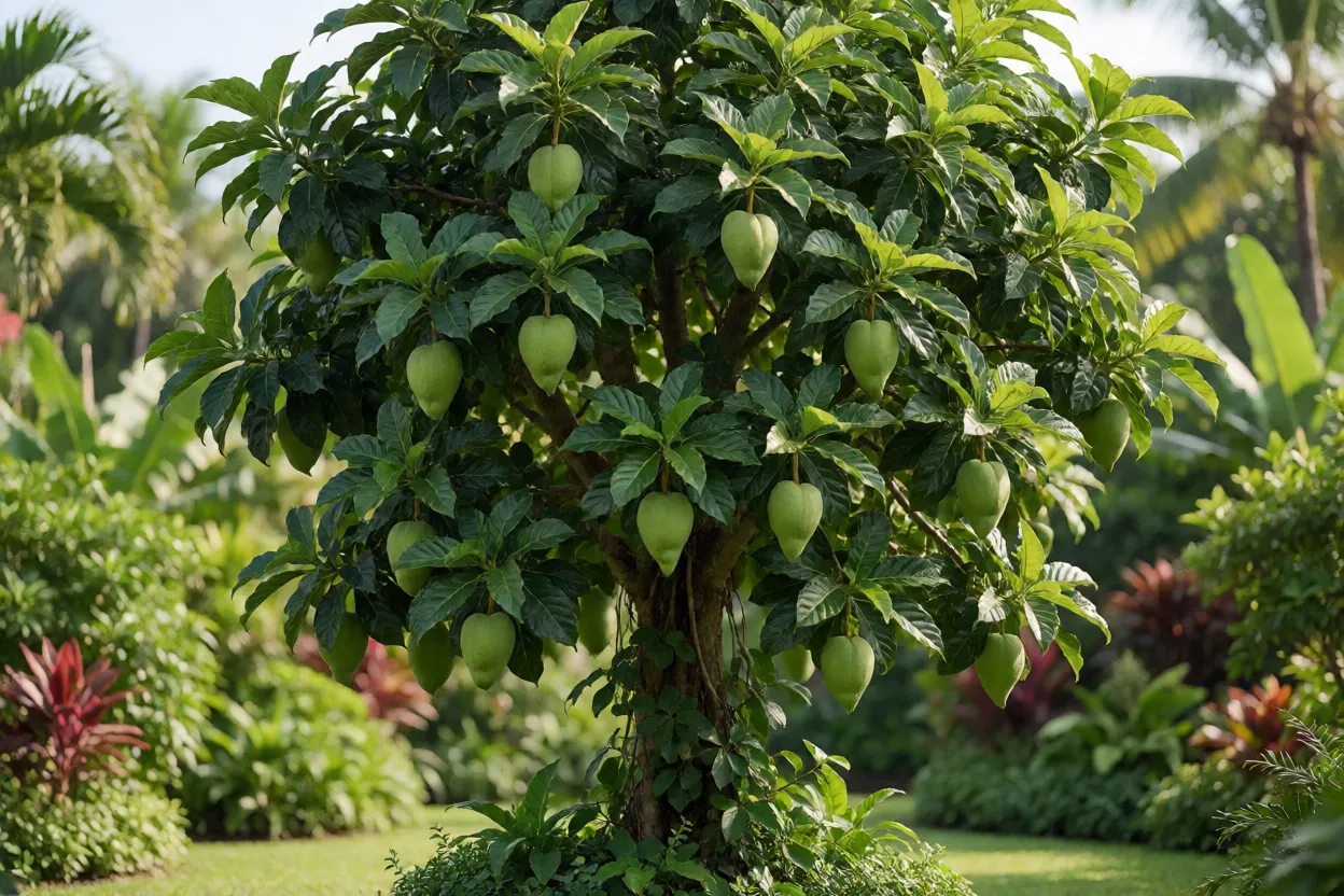 Árvore de maçã-do-elefante carregada de frutos verdes grandes