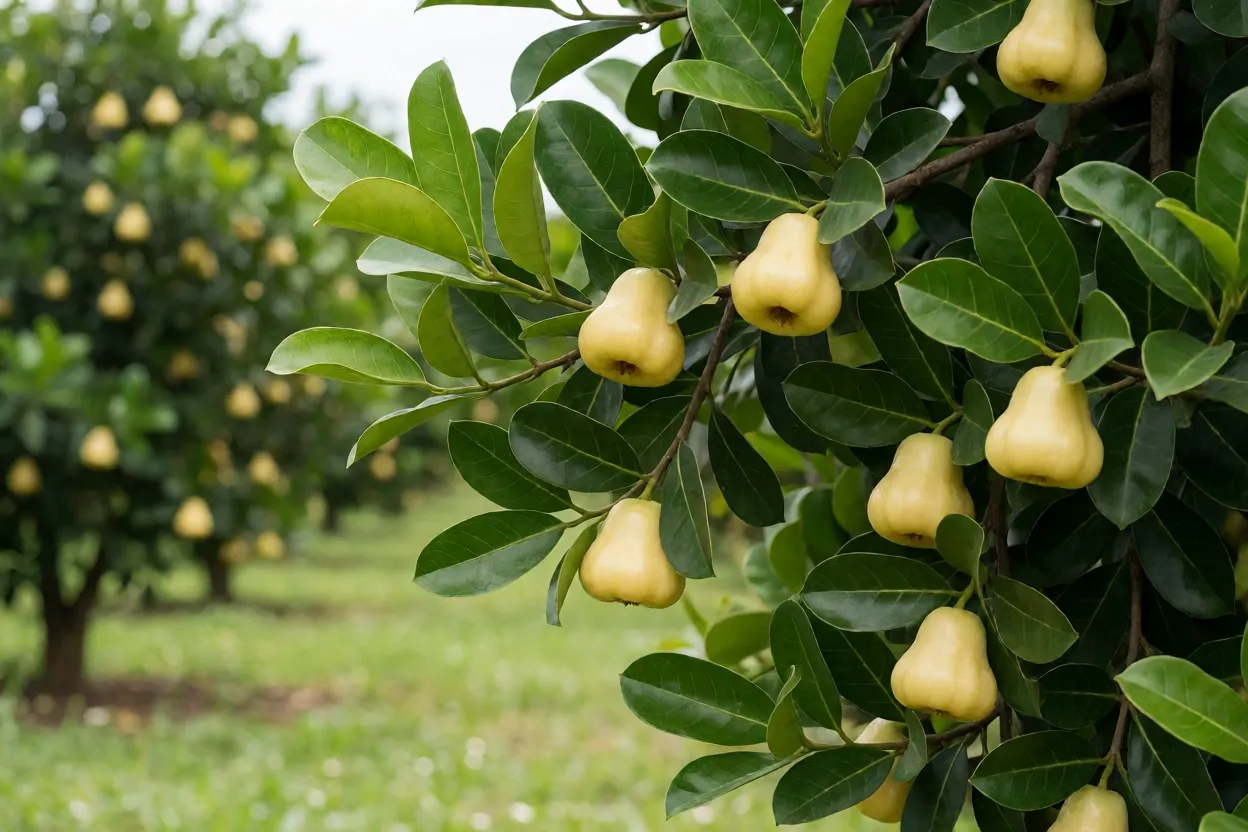 Árvore de maçã-rosa carregada de frutos amarelo-claros entre folhas verdes brilhantes