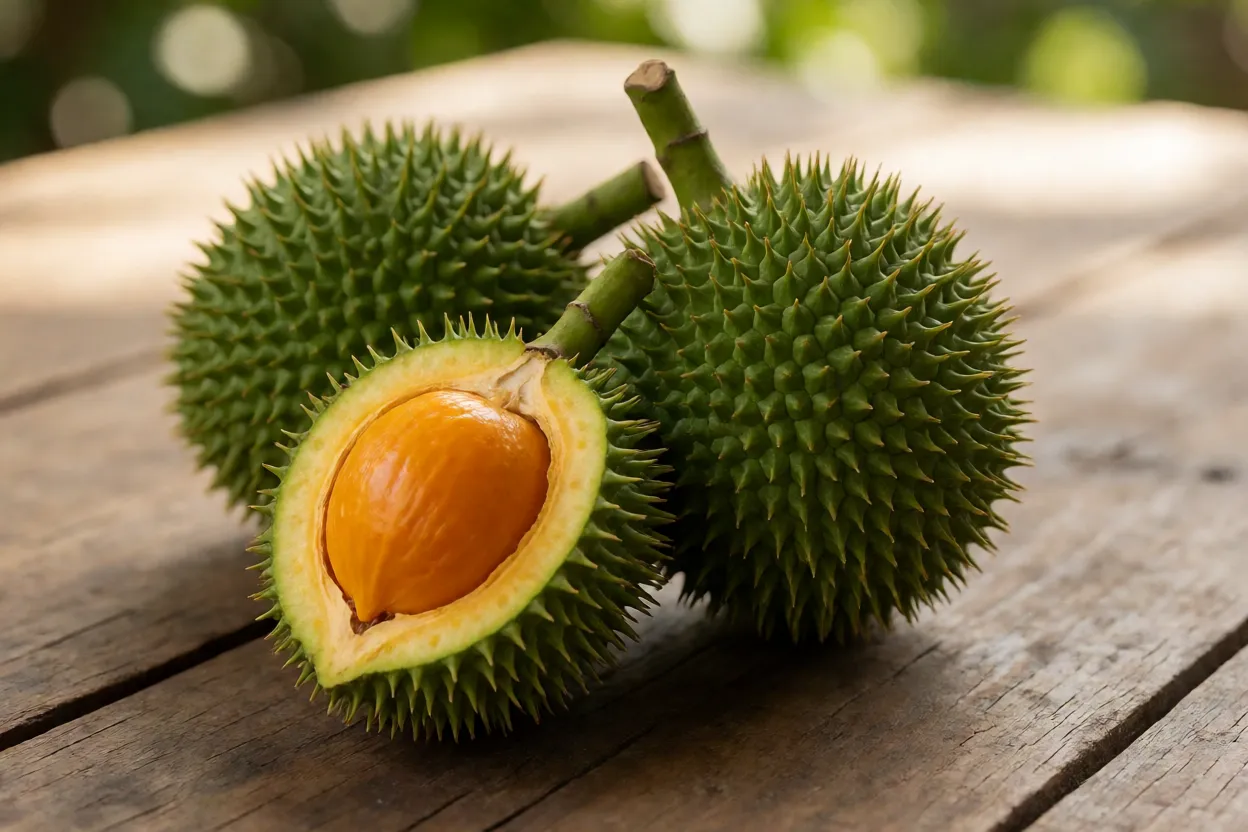 Frutos de macaúba inteiros e cortado ao meio mostrando polpa alaranjada e caroço