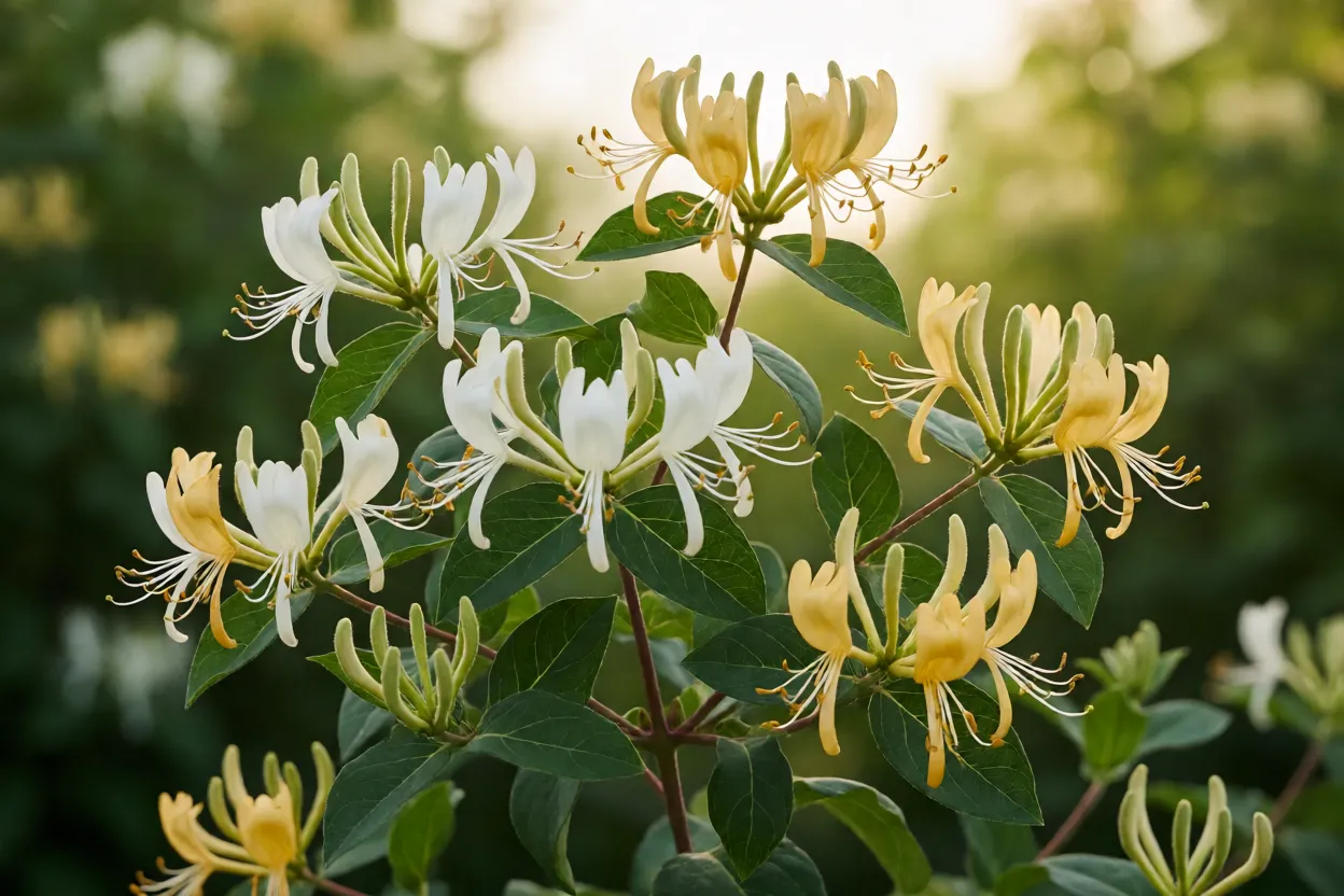 Madressilva: tipos, perfume, floração e como cultivar a trepadeira Madressilva florescendo ao entardecer com luz suave