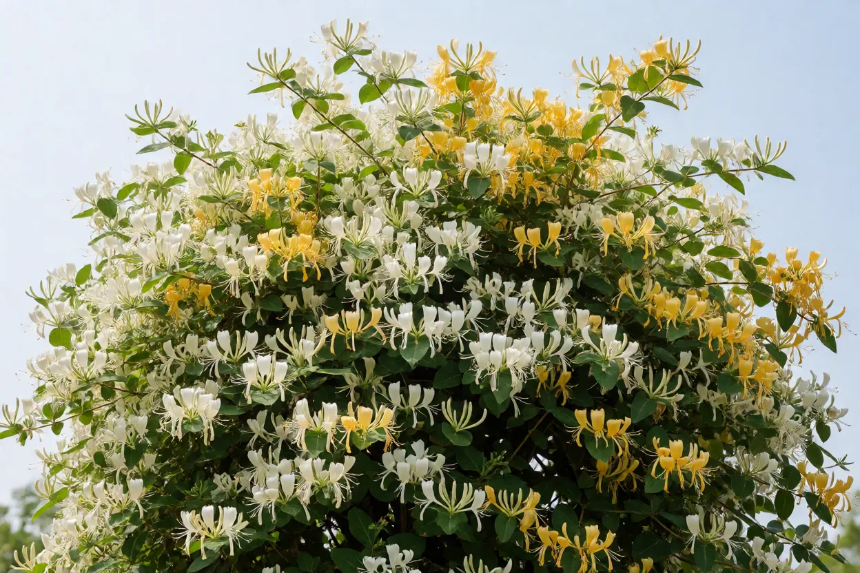 Madressilva: tipos, perfume, floração e como cultivar a trepadeira Ramos de madressilva cobertos de flores em plena floração de verão