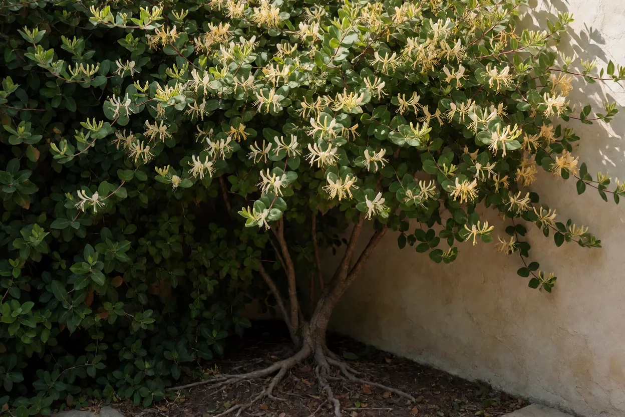 Madressilva: tipos, perfume, floração e como cultivar a trepadeira Madressilva crescendo com base sombreada e copa ao sol