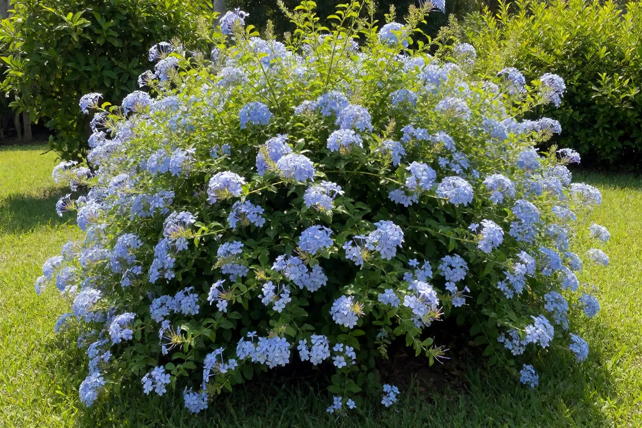 Madressiva-azul adulta florida em jardim a sol pleno