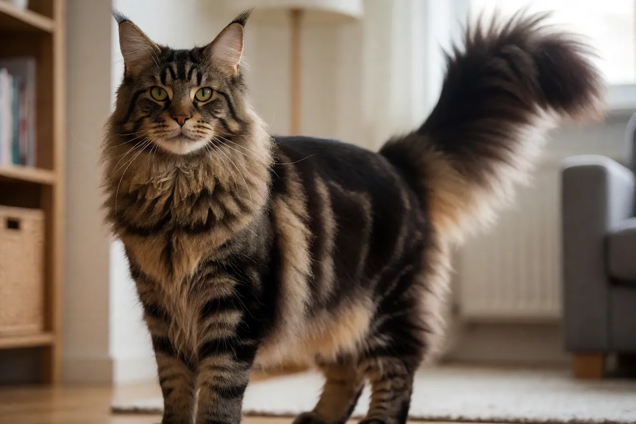 Maine Coon Gato Maine Coon adulto marrom tabby de corpo inteiro em pé