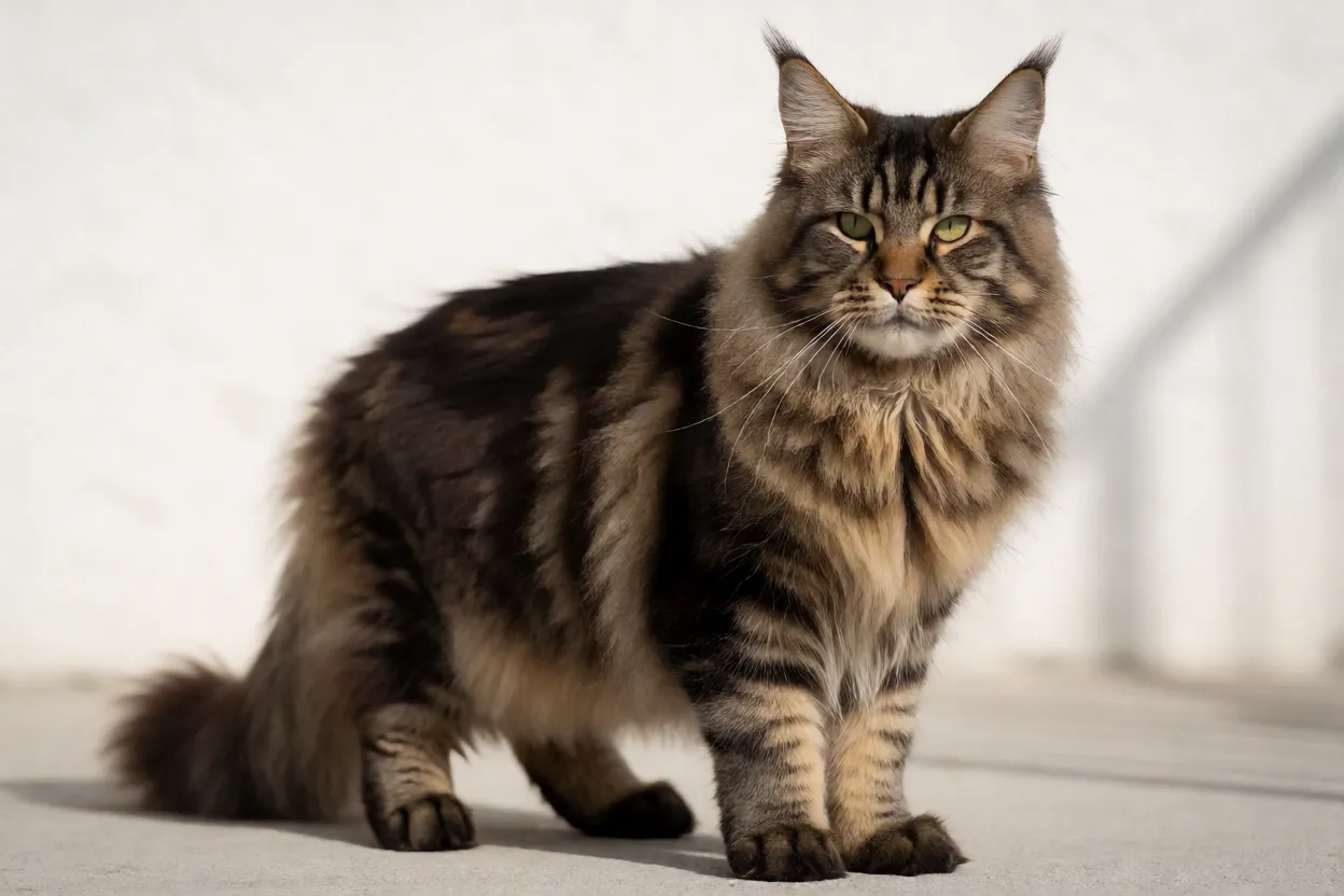 Maine Coon adulto saud&aacute;vel em pose alerta