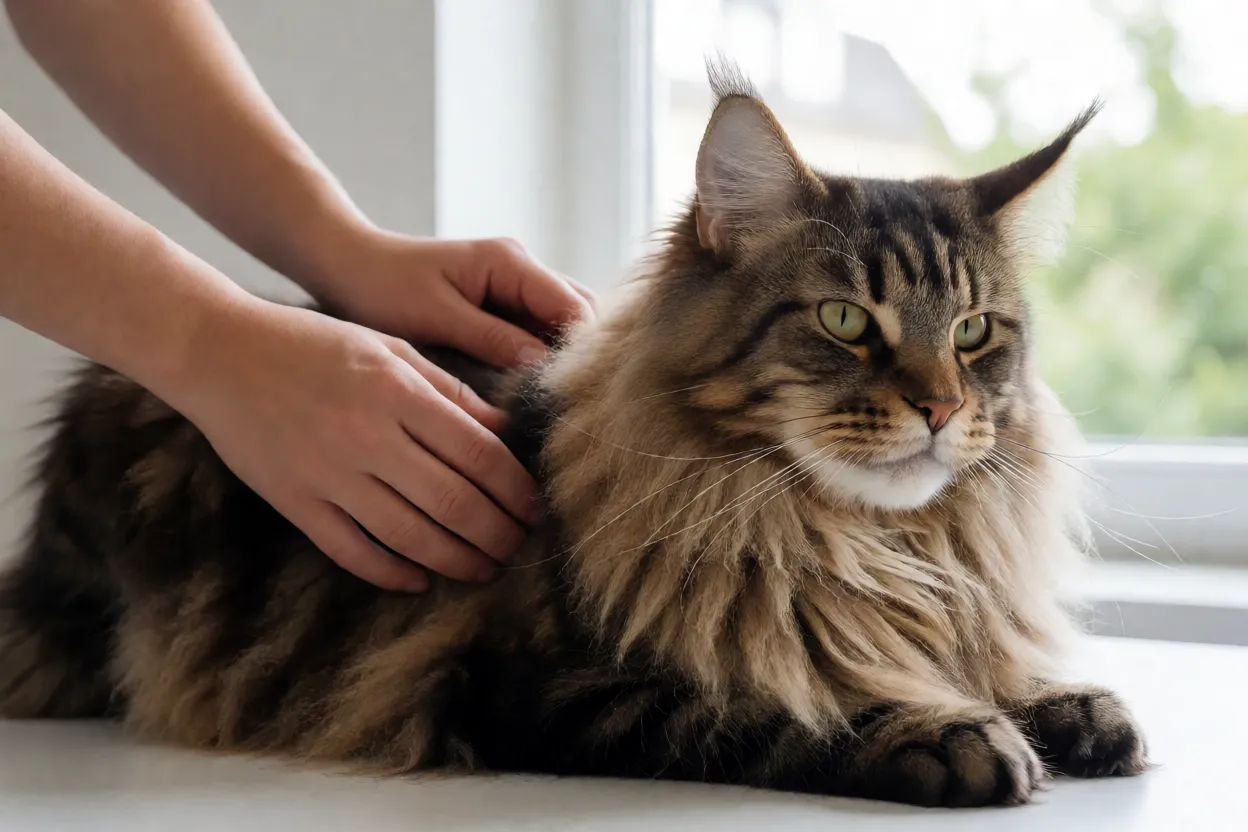 M&atilde;o escovando a pelagem longa de um Maine Coon