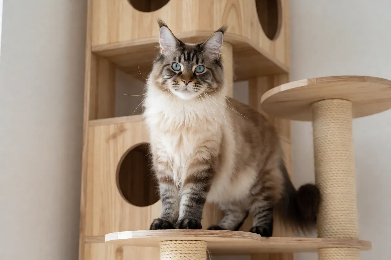 Maine Coon em arranhador alto de madeira