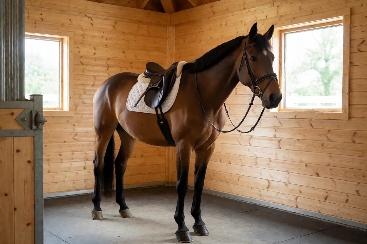 Cavalo Malopolski selado na baia com sela inglesa