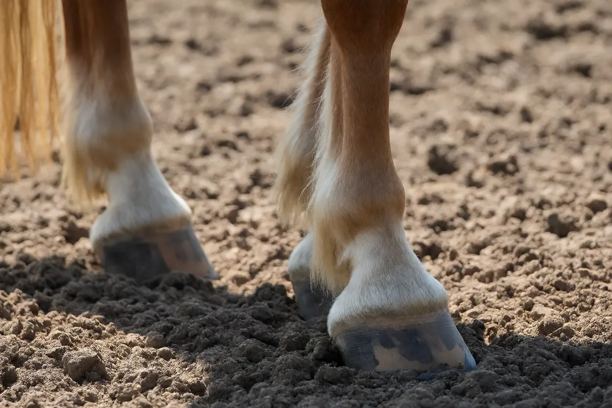 Detalhe das pernas e cascos de cavalo Malopolski no piquete