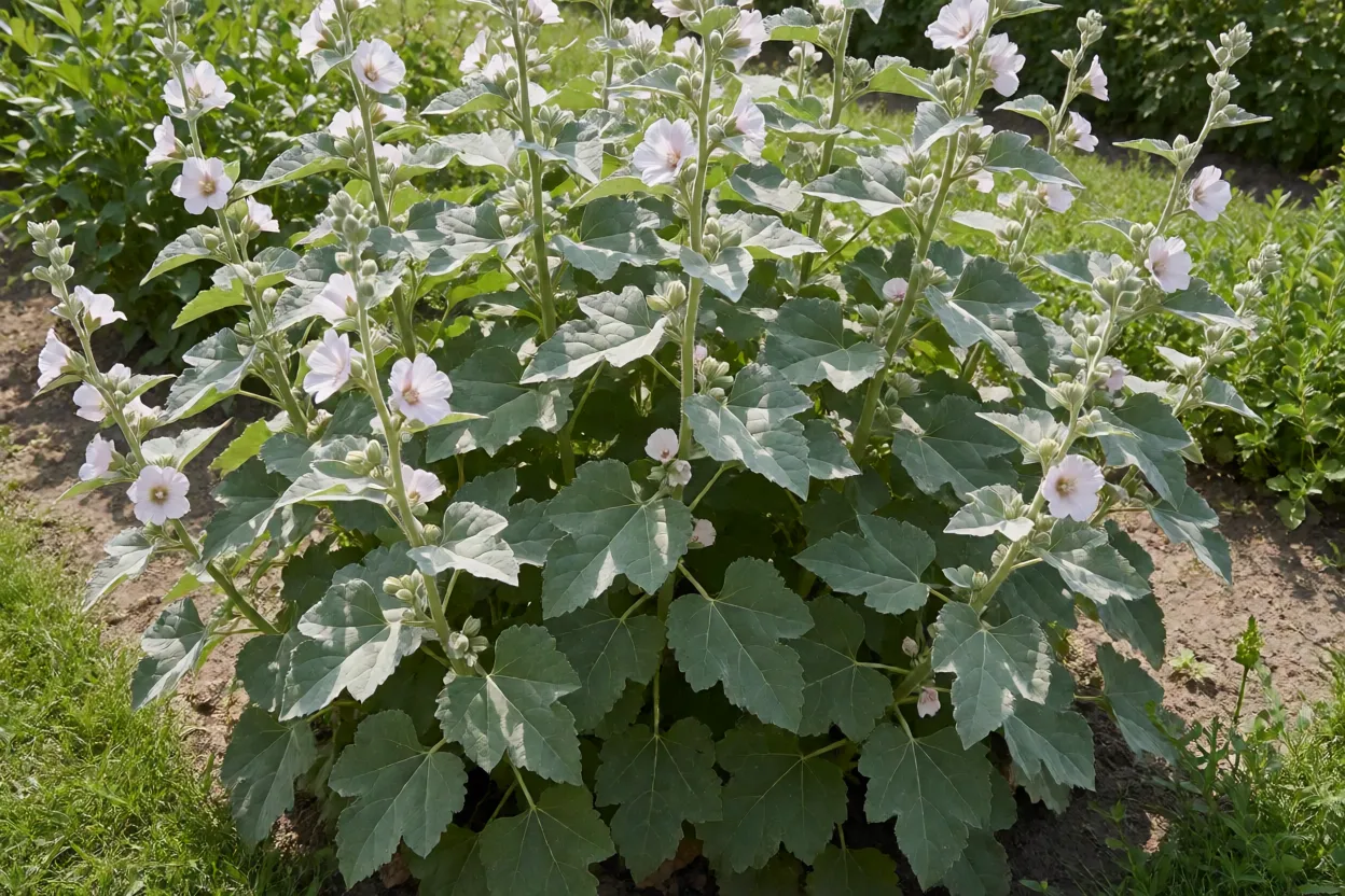 Malvavisco (Althaea officinalis) adulto no jardim com folhas aveludadas e flores branco-rosadas