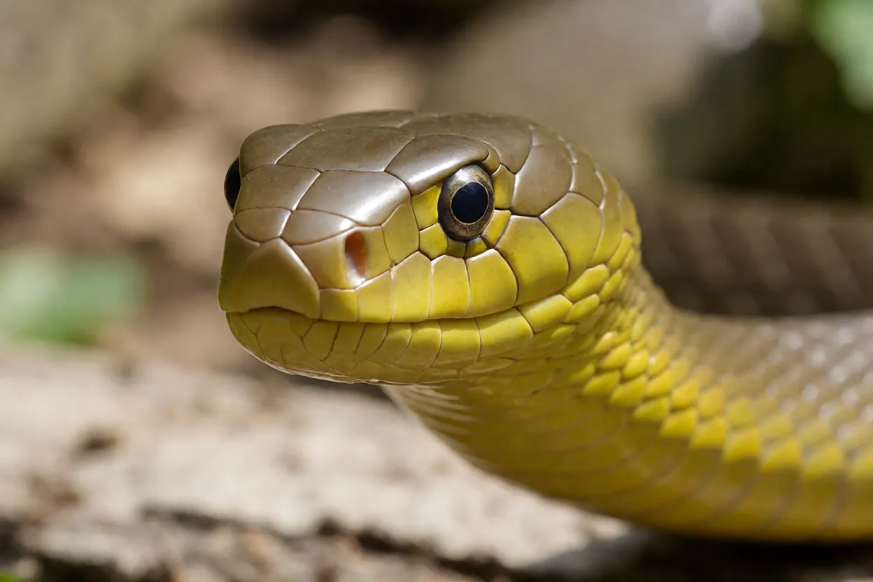 Close da cabeça da mamba-negra com foco nos olhos e escamas