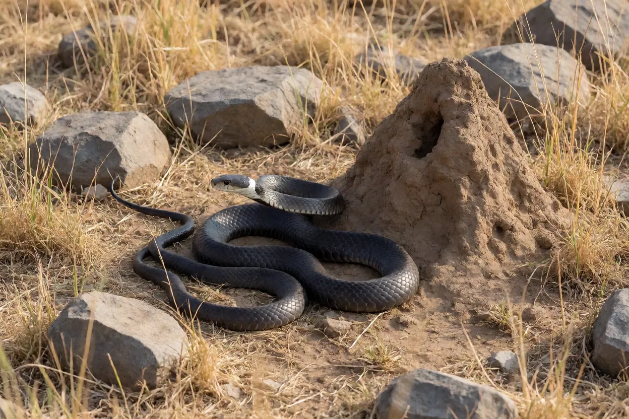 Mamba-negra em habitat natural de savana com rochas e cupinzeiro