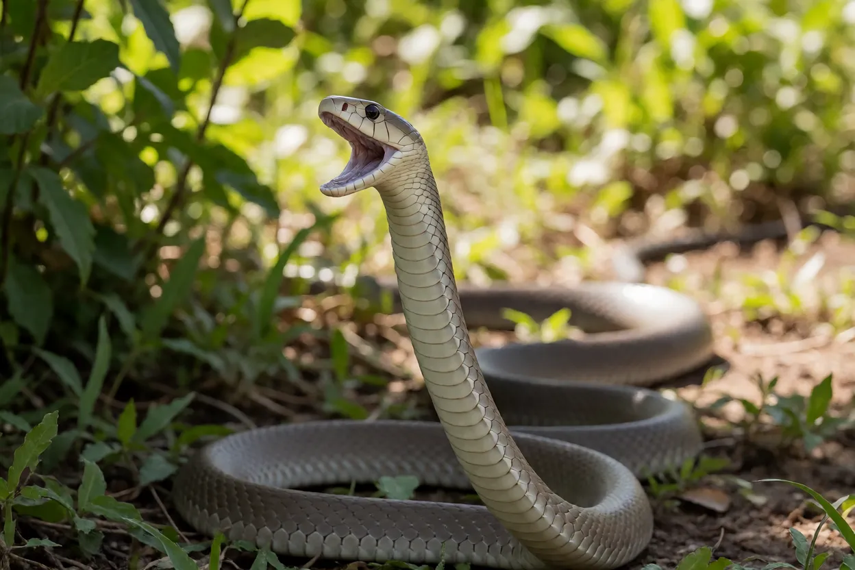 Mamba-negra em postura defensiva com boca preta aberta