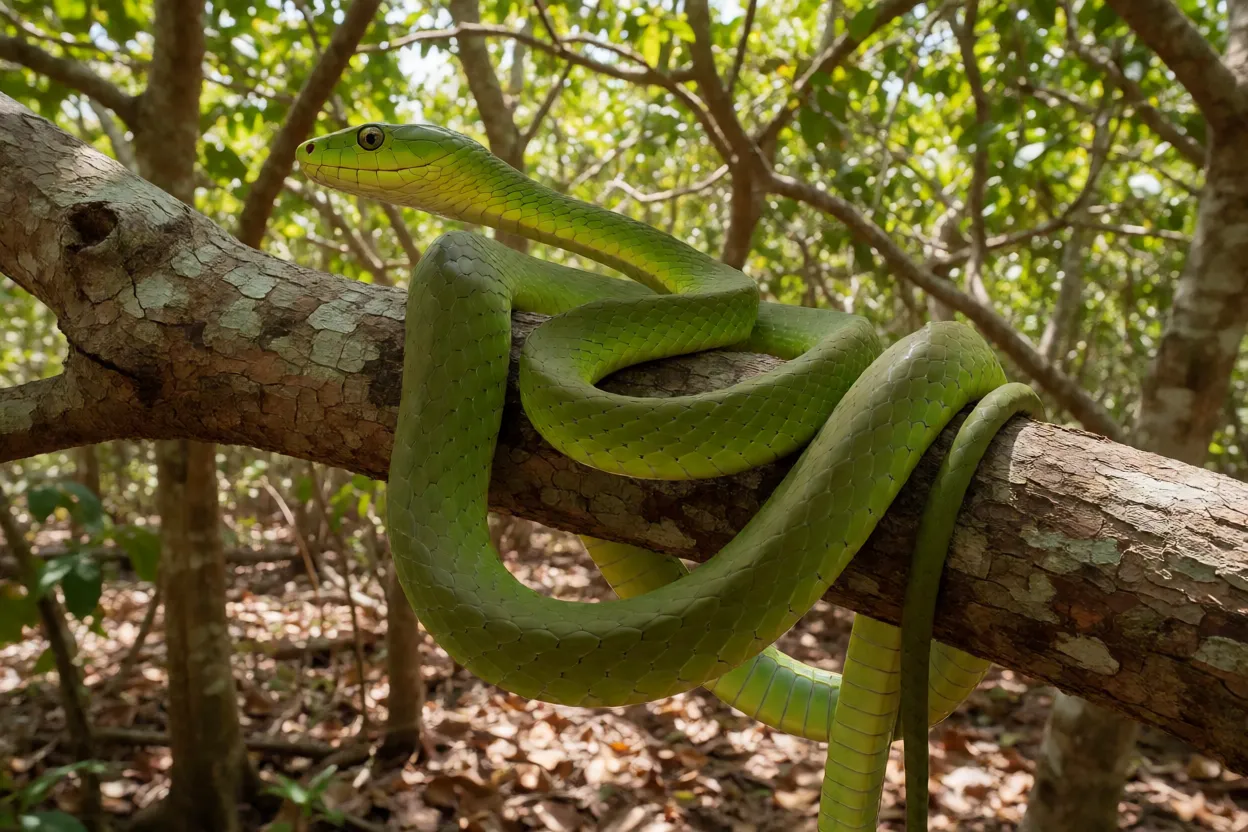 Mamba-verde adulta enrolada em galho de árvore na floresta costeira