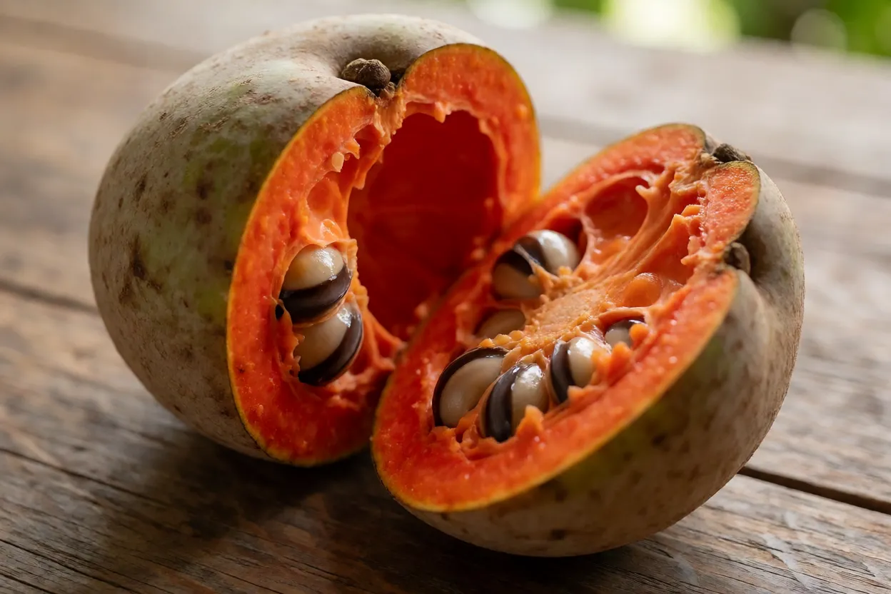 Mamey inteiro e cortado mostrando polpa laranja-avermelhada e sementes