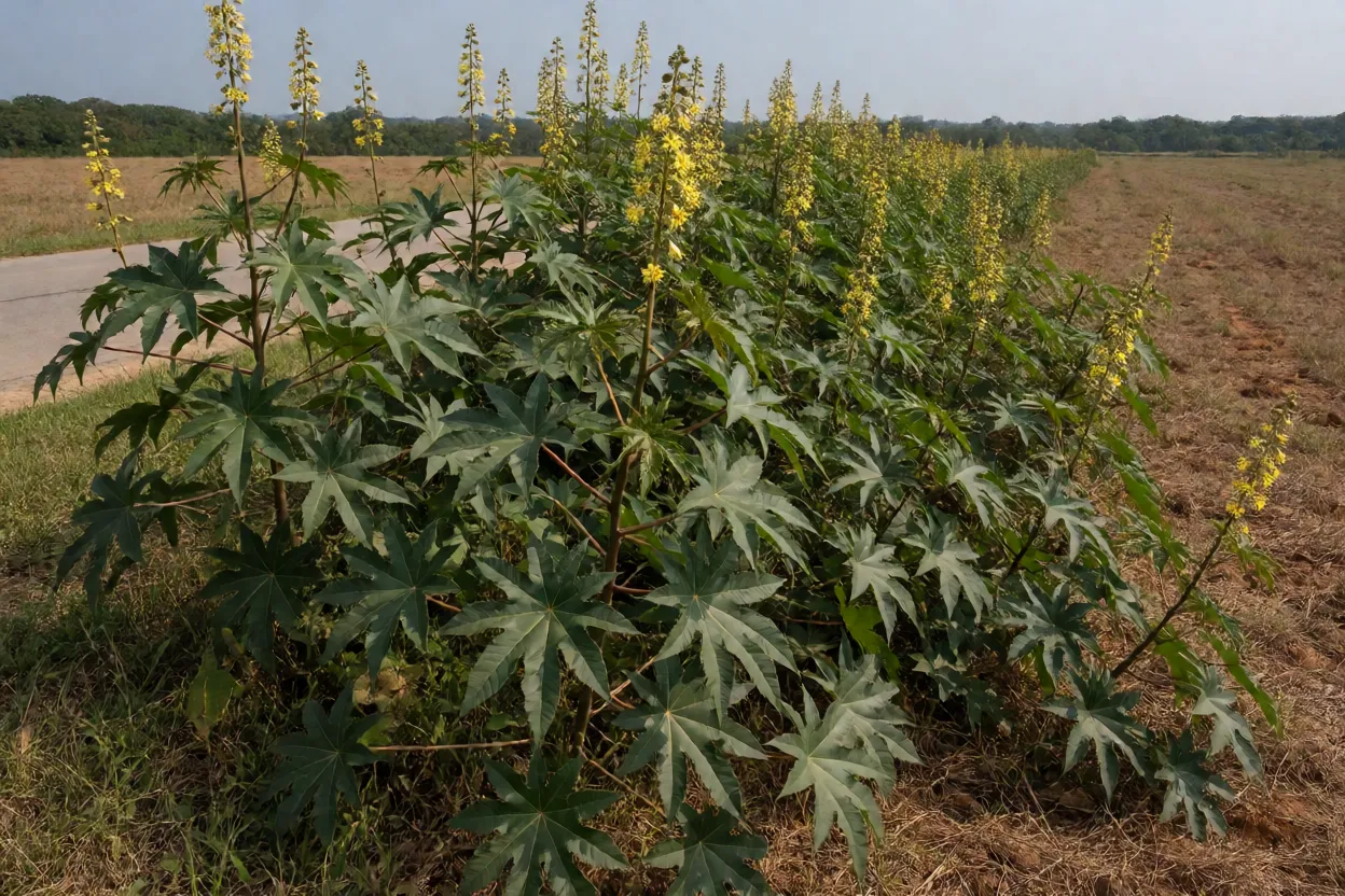 Mamona crescendo espontaneamente na beira de estrada no Brasil