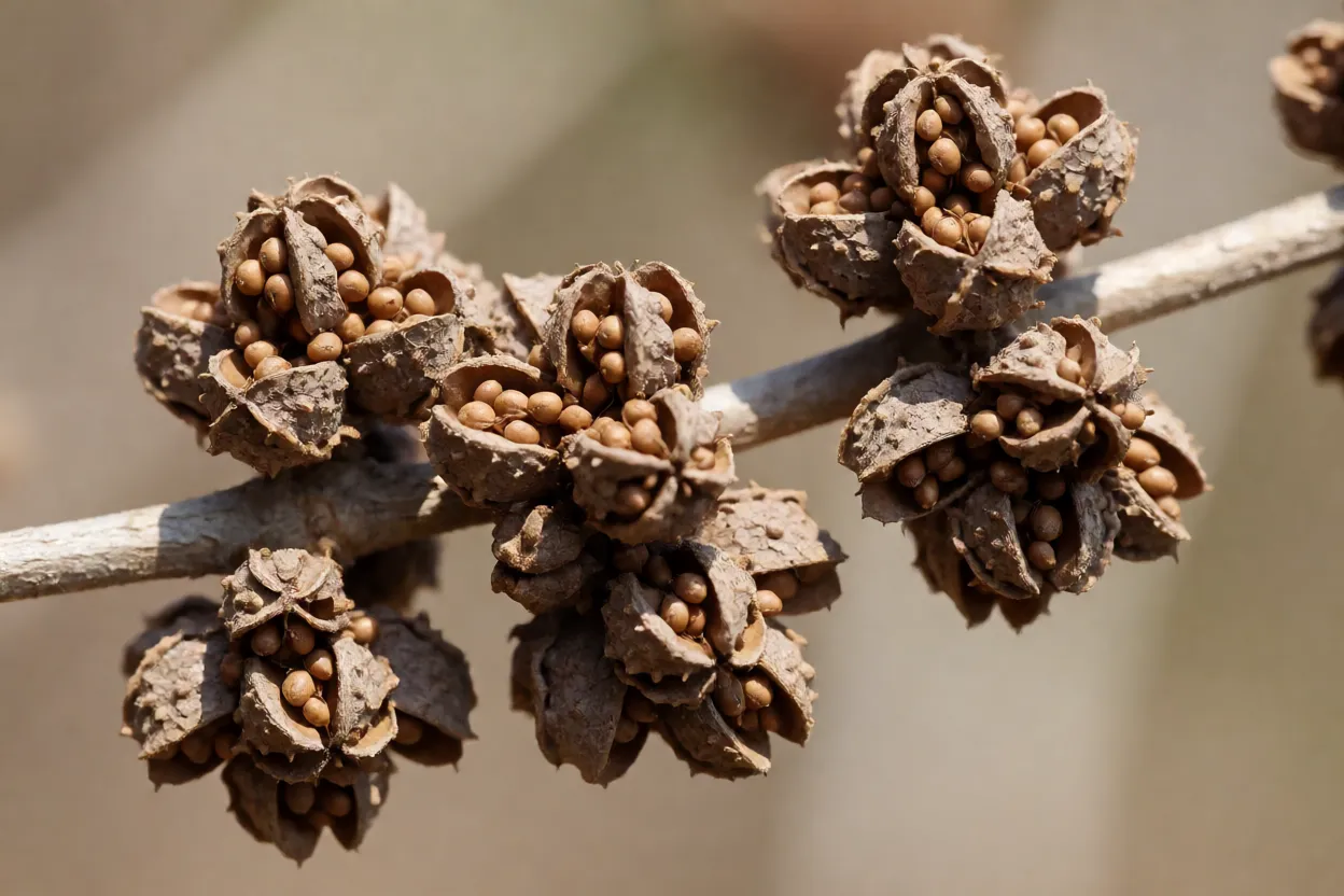 Frutos secos em cápsula do manacá-da-serra com sementes pequenas