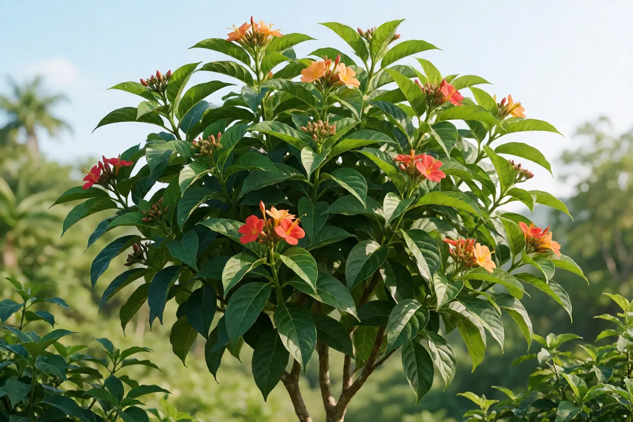 Manac&aacute;-da-serra-an&atilde;o saud&aacute;vel em clima subtropical com folhas e flores vigorosas