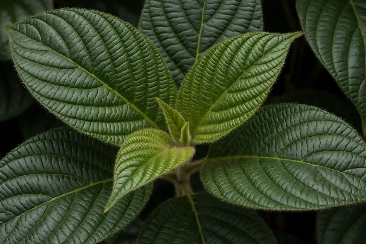 Folhas verdes escuras com nervuras paralelas marcadas do manac&aacute;-da-serra-an&atilde;o