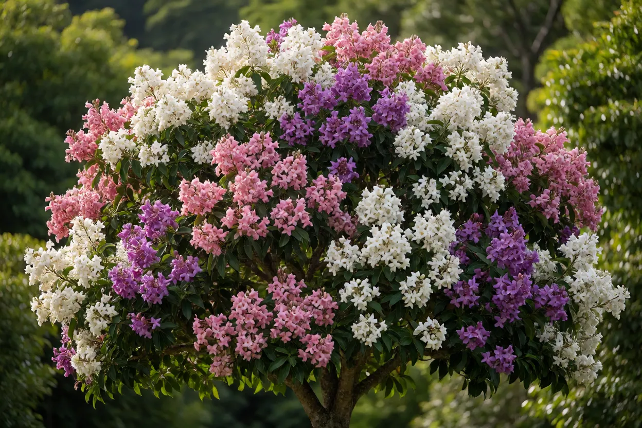 &Aacute;rvore manac&aacute;-da-serra em flora&ccedil;&atilde;o com flores brancas, rosa e lil&aacute;s na mesma copa