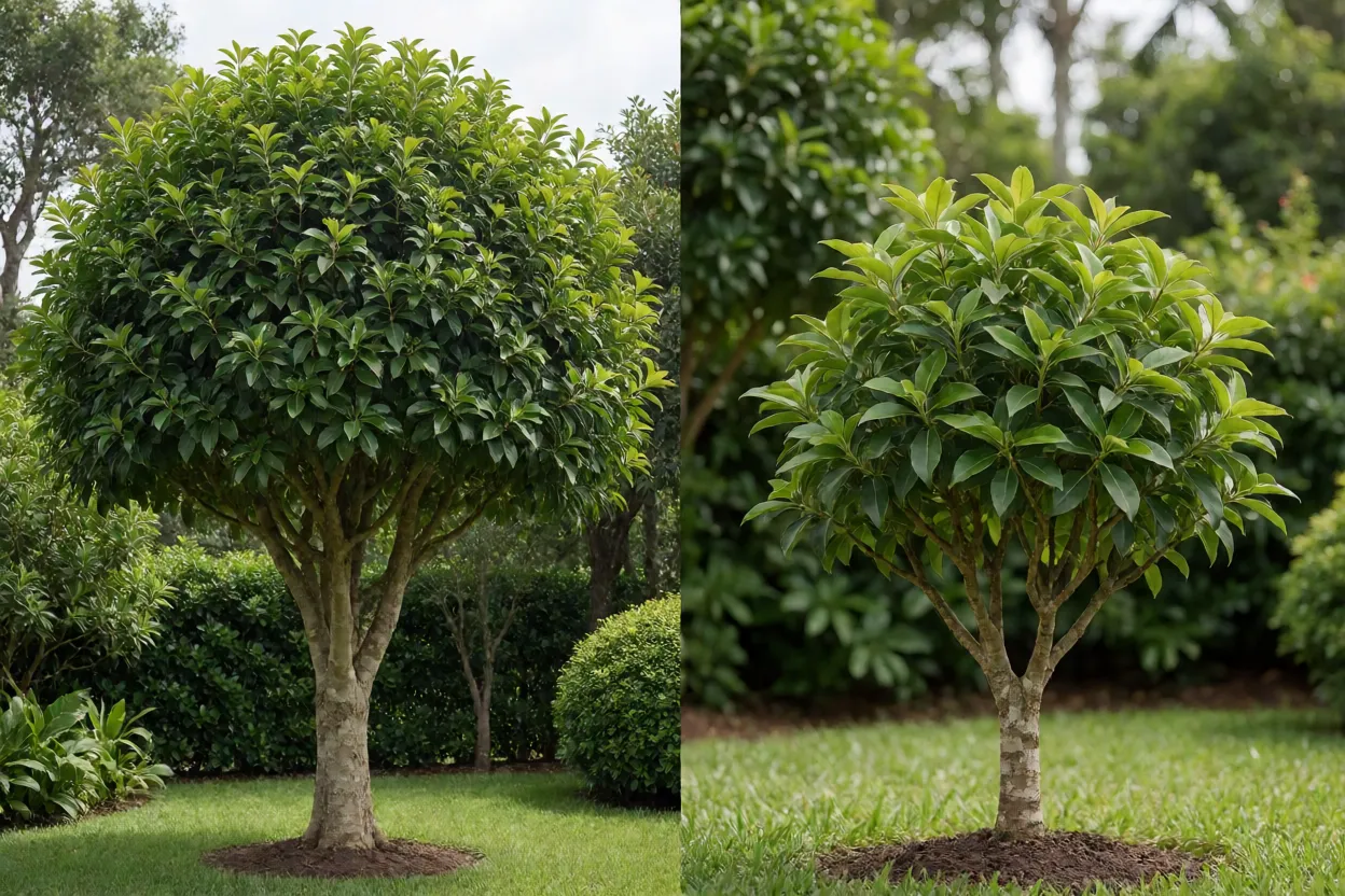 Compara&ccedil;&atilde;o visual entre manac&aacute;-da-serra de porte arb&oacute;reo e a vers&atilde;o an&atilde; em jardim