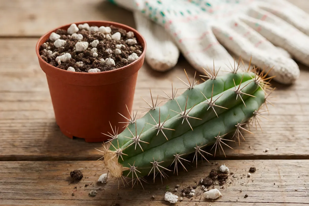 Estaca de mandacaru cicatrizando ao lado de um vaso com substrato para cactos