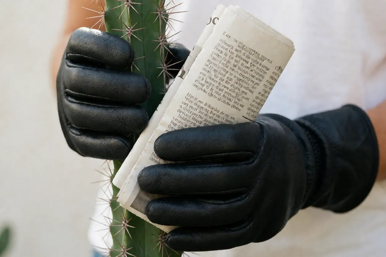 M&atilde;os com luvas grossas de couro segurando um caule de mandacaru com jornal dobrado