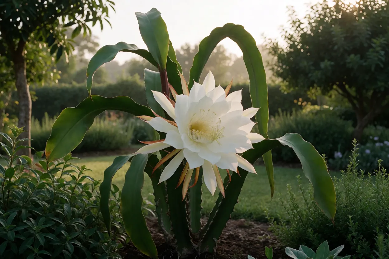 Mandacaru florido em jardim ao amanhecer com flor branca ainda aberta