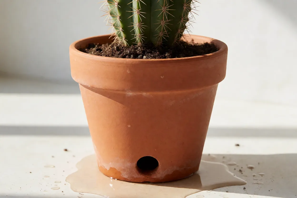 Rega funda de um vaso de mandacaru com furos de drenagem