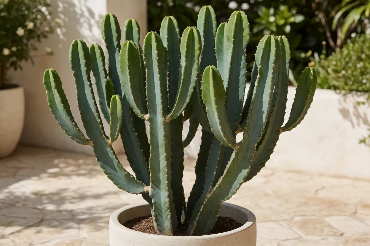 Mandacaru saud&aacute;vel em vaso grande sob sol, com caule firme e azul-esverdeado