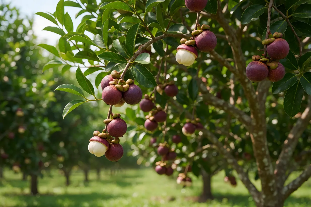 Mangostanzeiro com frutos roxos maduros pendentes na árvore