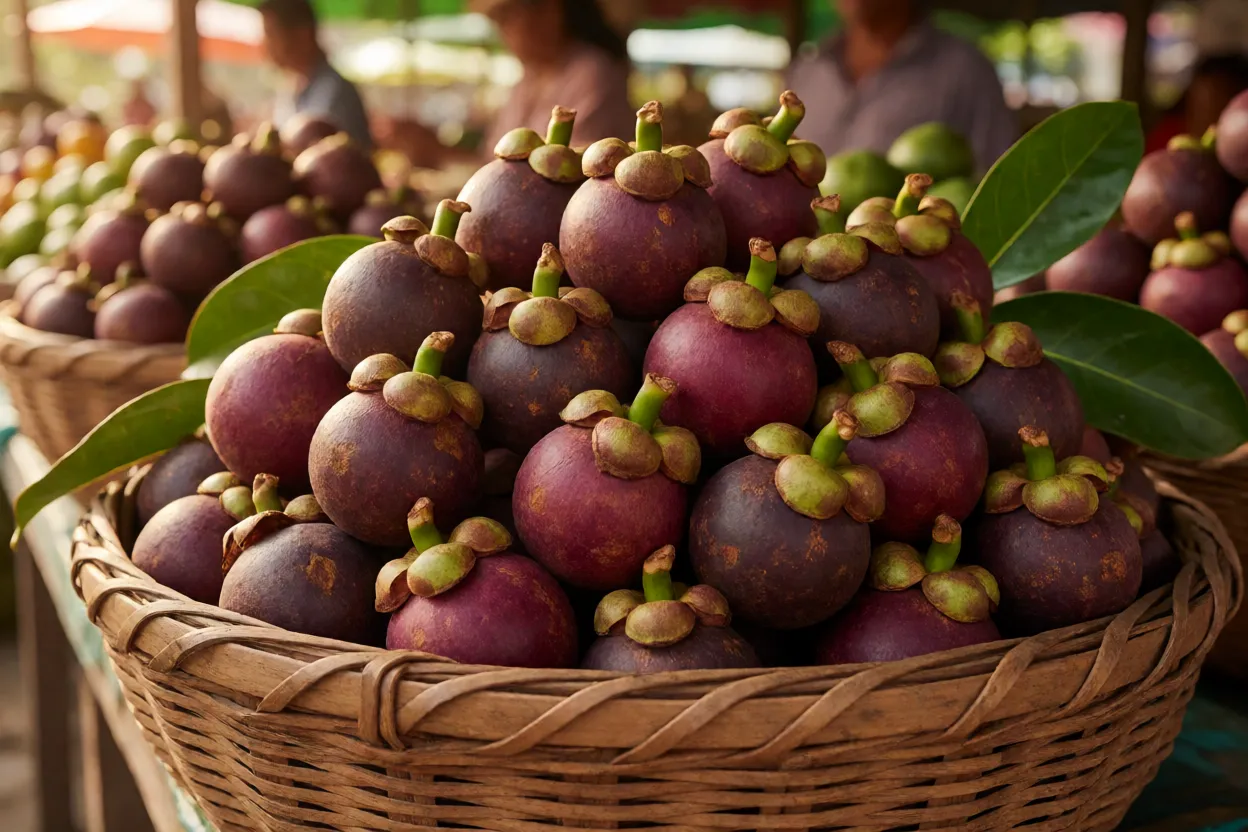 Cesta cheia de mangostões frescos em feira tropical