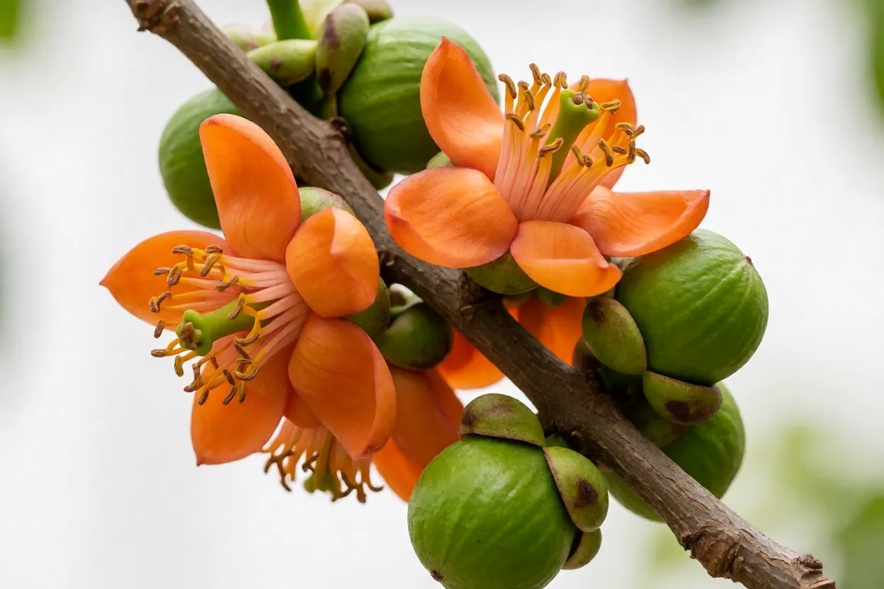 Flores e frutos jovens verdes do mangostão no galho