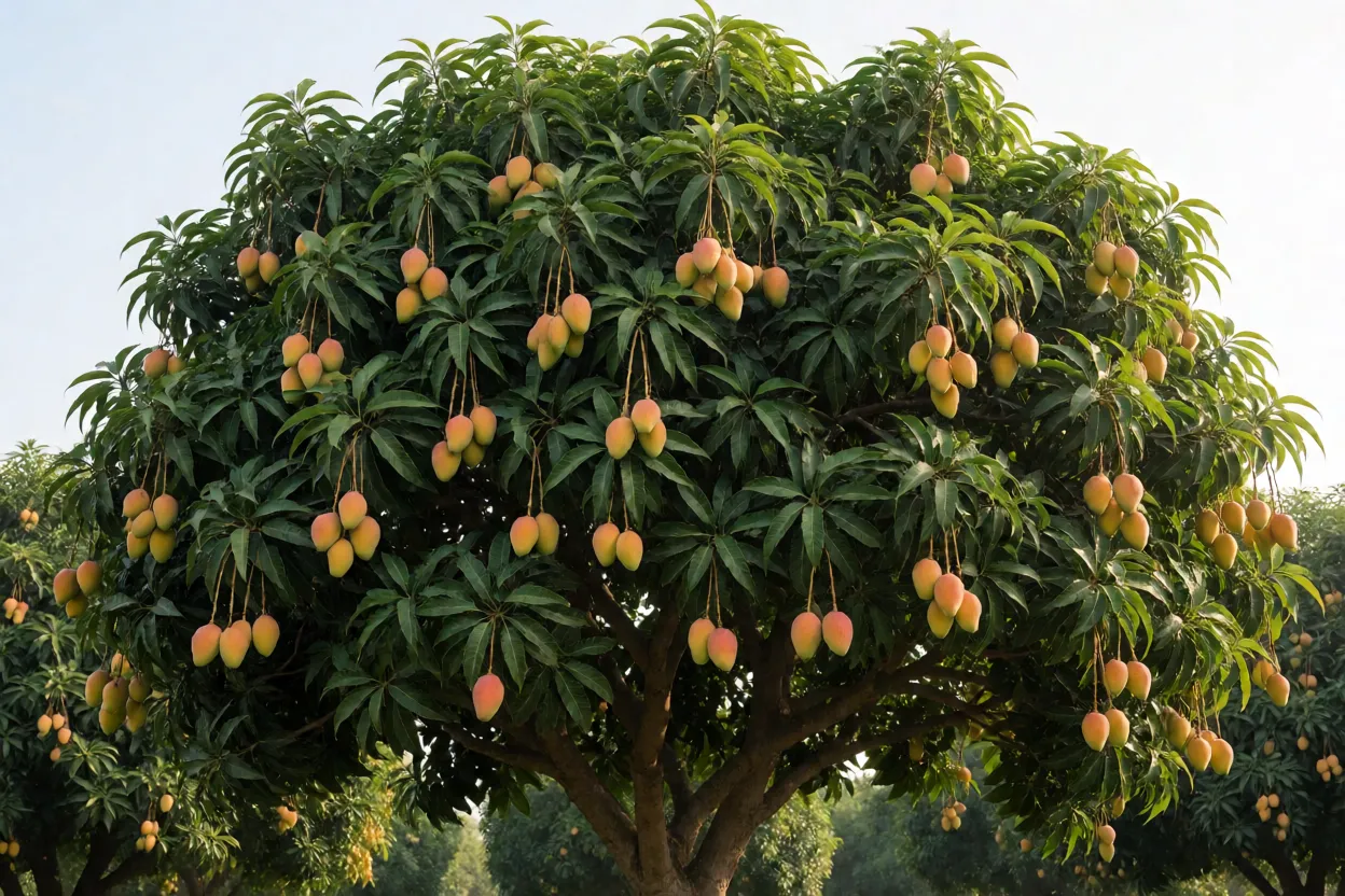Mangueira: tipos de manga, crescimento, poda e como cultivar a árvore Mangueira adulta com copa densa e frutos maduros pendurados