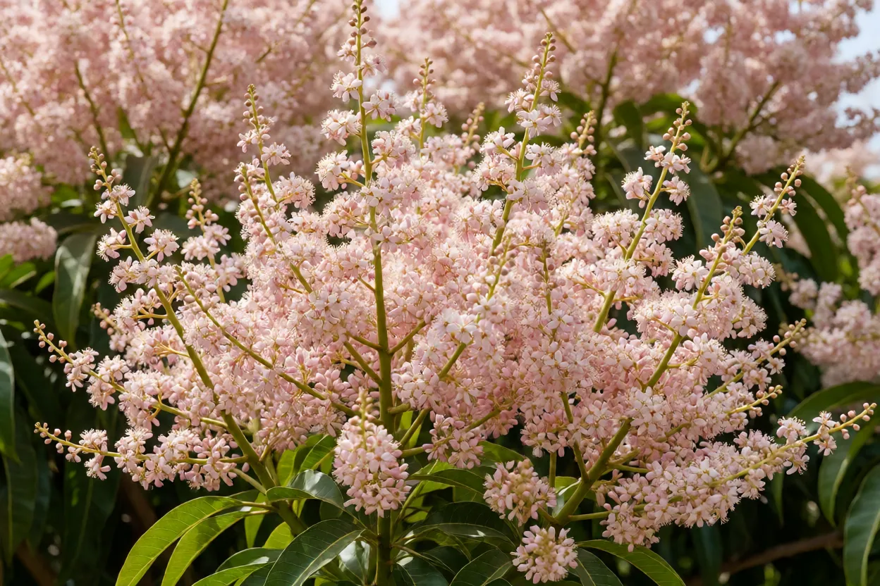 Mangueira: tipos de manga, crescimento, poda e como cultivar a árvore Panículas florais da mangueira em plena floração