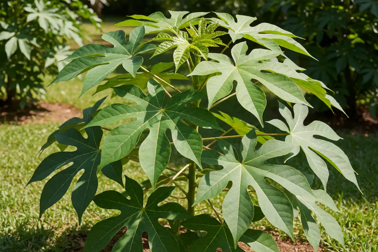 Planta de maniçoba adulta com folhas palmatilobadas em jardim com sol pleno