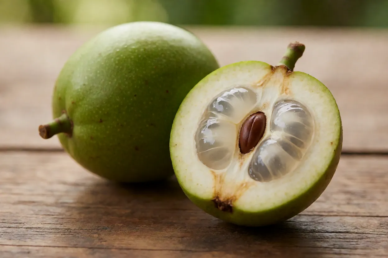 Frutos de mapati inteiros e cortado mostrando polpa translúcida e semente