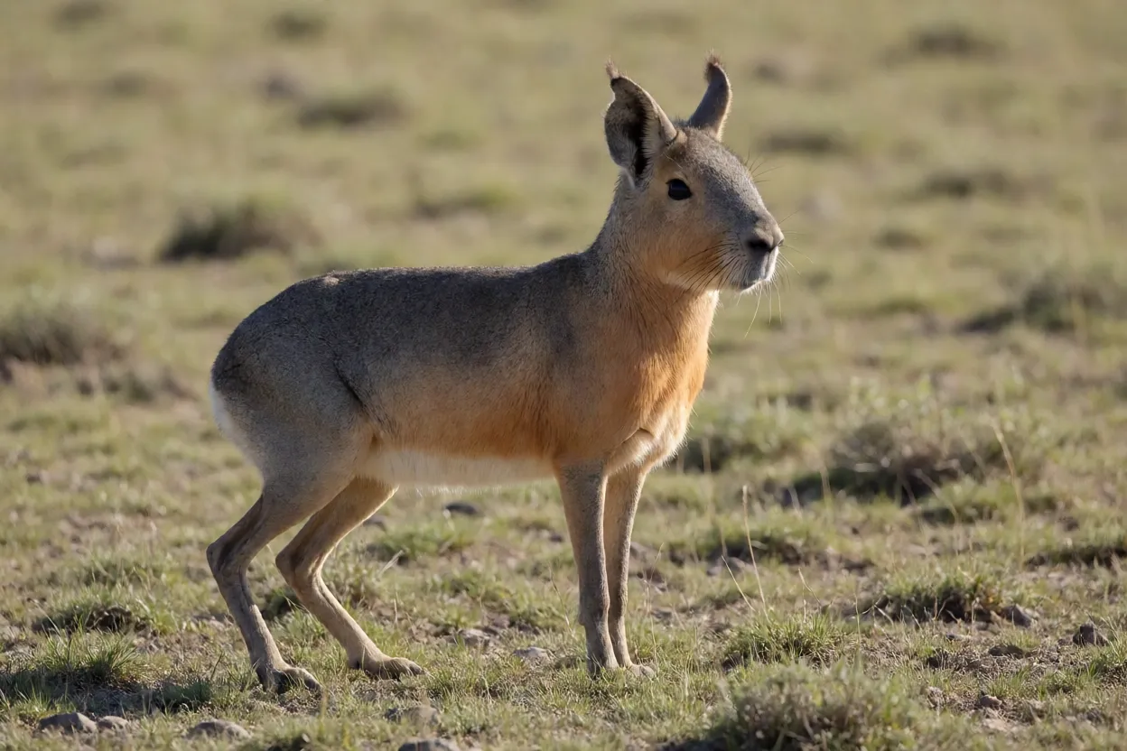 Mara Mara-patagônica adulta em pé na estepe, mostrando corpo alongado e pelagem cinza-acastanhada