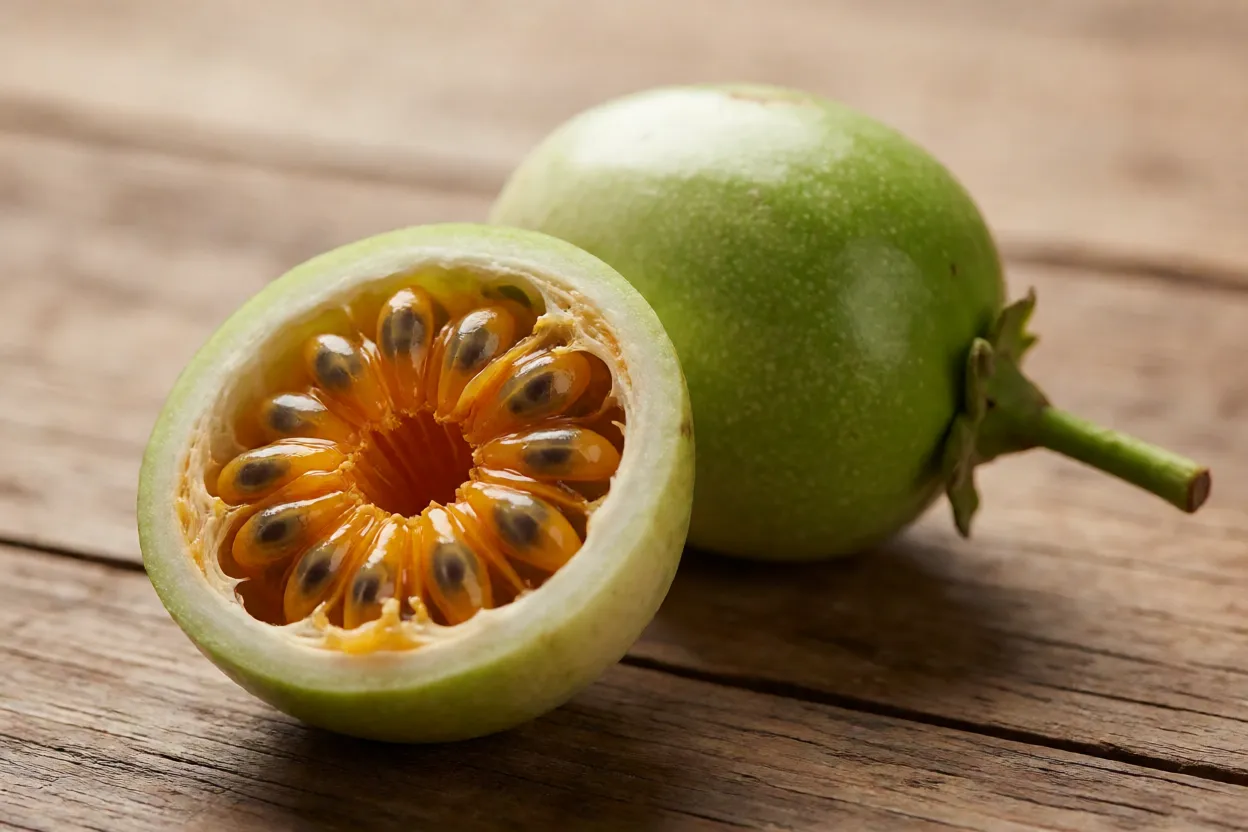 Frutos de maracujá-do-mato inteiros e cortado mostrando polpa alaranjada