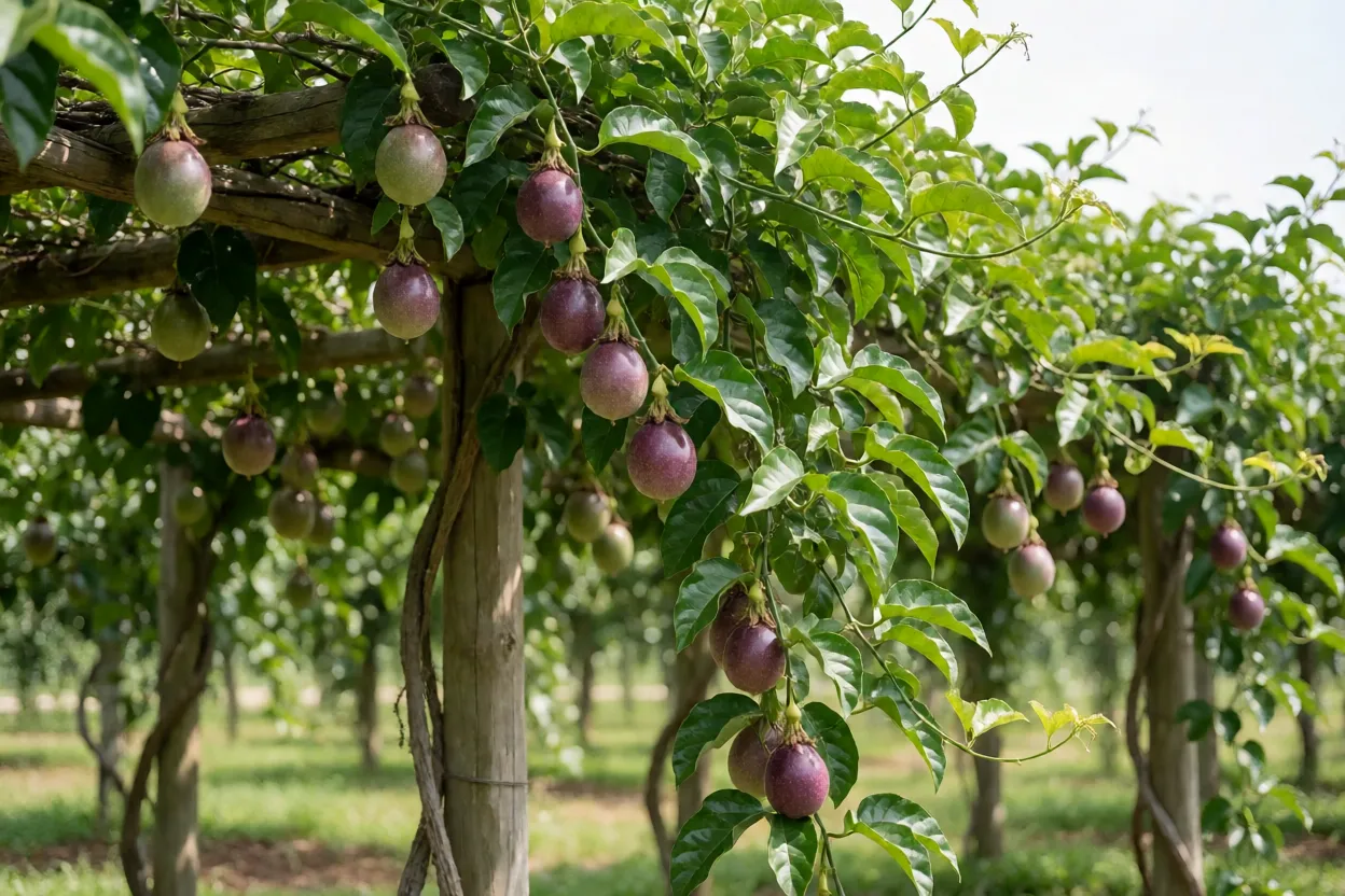 Pé de maracujá-doce com frutos pendentes na treliça