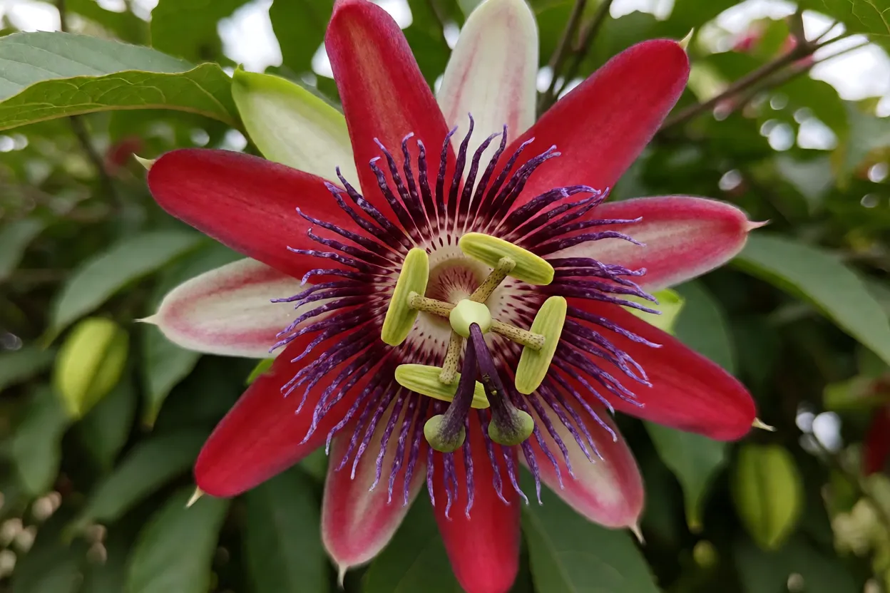 Flor grande do maracujá-doce com pétalas vermelhas e corona roxa