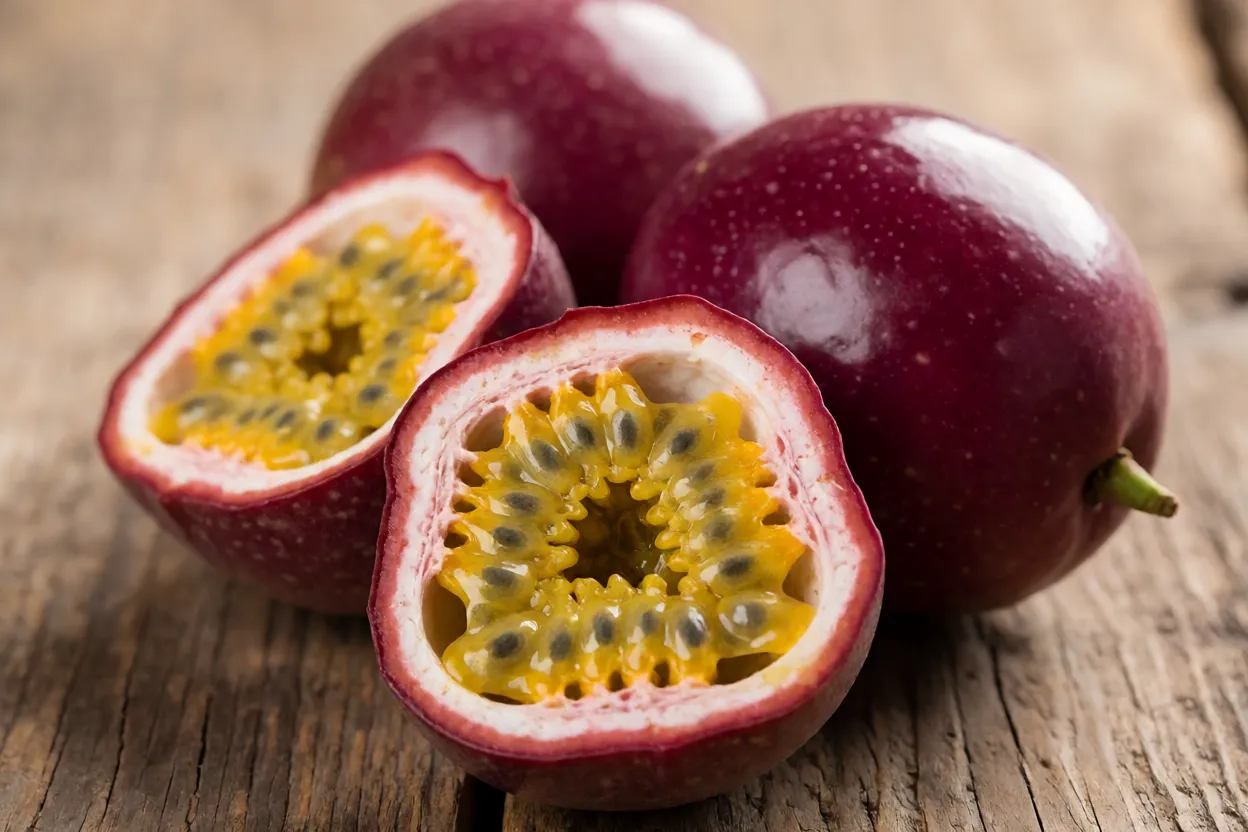 Maracujá-roxo inteiro e cortado ao meio mostrando polpa amarela com sementes