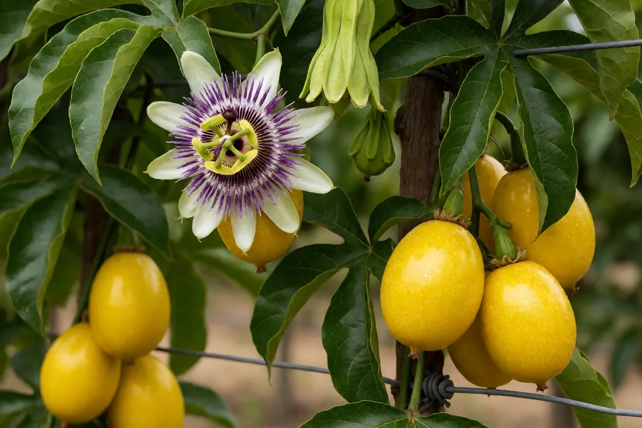 Maracujazeiro com flor aberta e frutos amarelos em uma espaldeira
