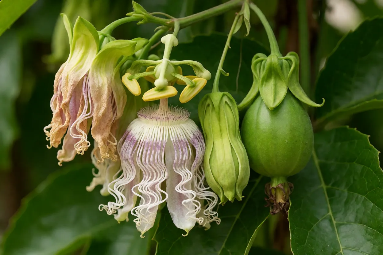 Flor de maracujazeiro murcha e ca&iacute;da no ch&atilde;o sem ter formado fruto