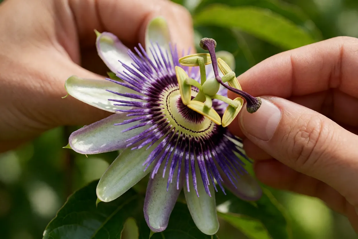 Poliniza&ccedil;&atilde;o manual de flor de maracujazeiro com o dedo