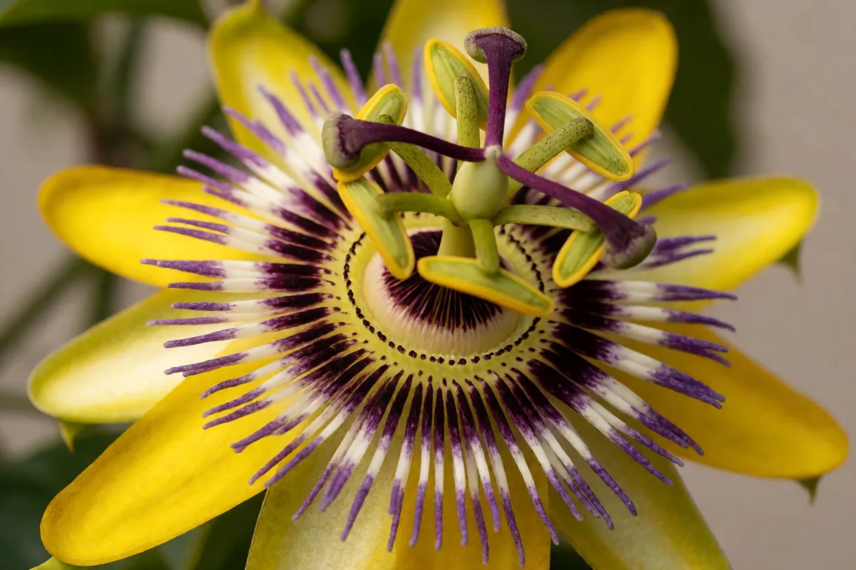 Detalhe da flor do maracujazeiro com franja roxa e estigmas curvados